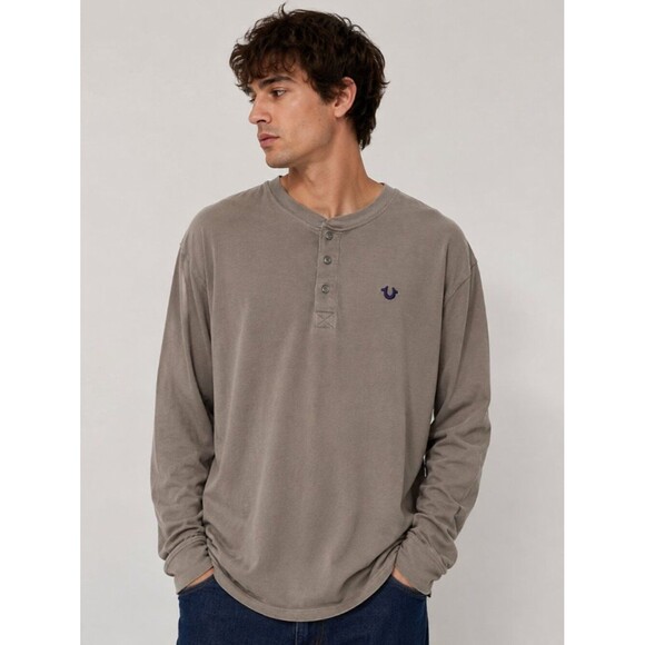 True Religion Other - True Religion Men’s XXL Taupe Long Sleeve Henley Shirt Embroidered Logo Casual